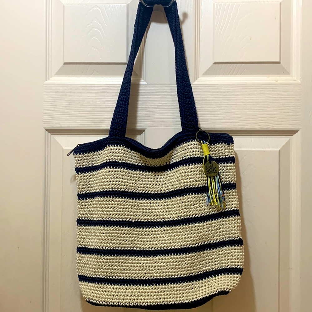 The SAK Riviera Navy Blue/White Crochet Shoulder Bag Purse NWOT - Picture 2 of 11
